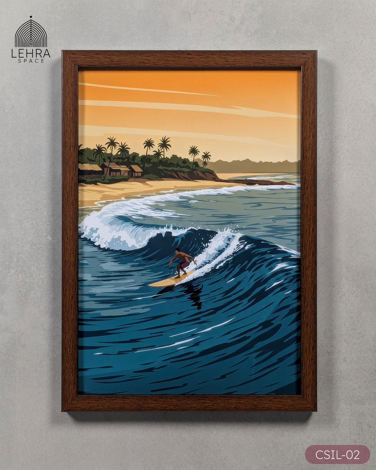 Golden Hour Surf - Ceylon Scenery Illustrated #02 - Glass Framed Wall Art