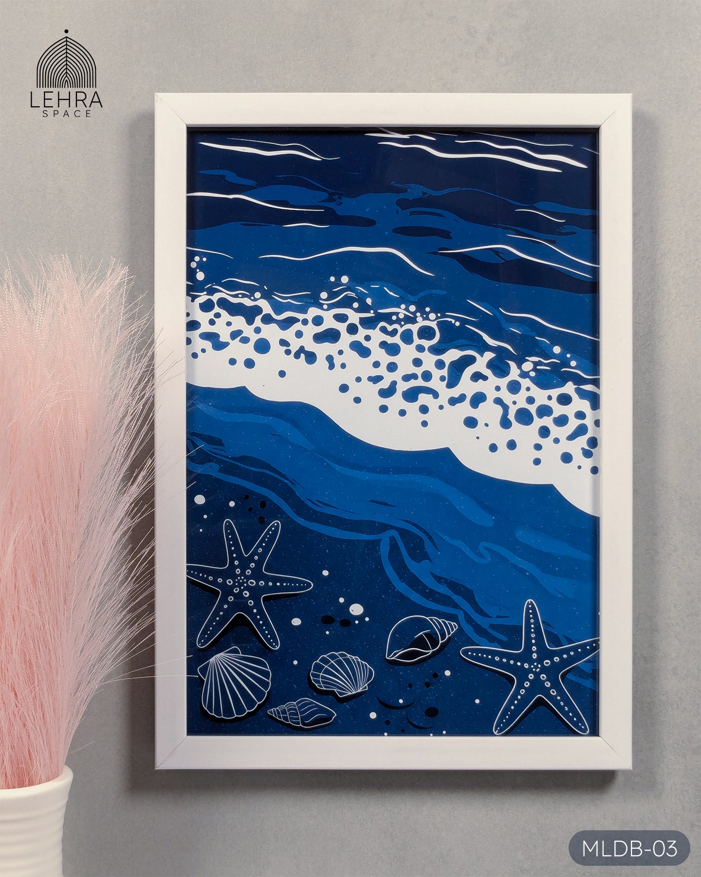 Starfish and Shells - Marine Life in Dark Blue #03 - Glass Framed Wall Art