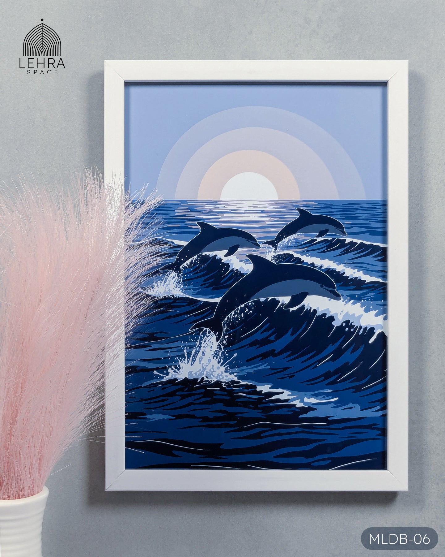 Dolphin Pod at Sunset - Marine Life in Dark Blue #06 - Glass Framed Wall Art