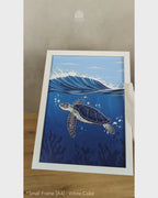 Sea Turtle - Marine Life in Dark Blue #04 - Glass Framed Wall Art